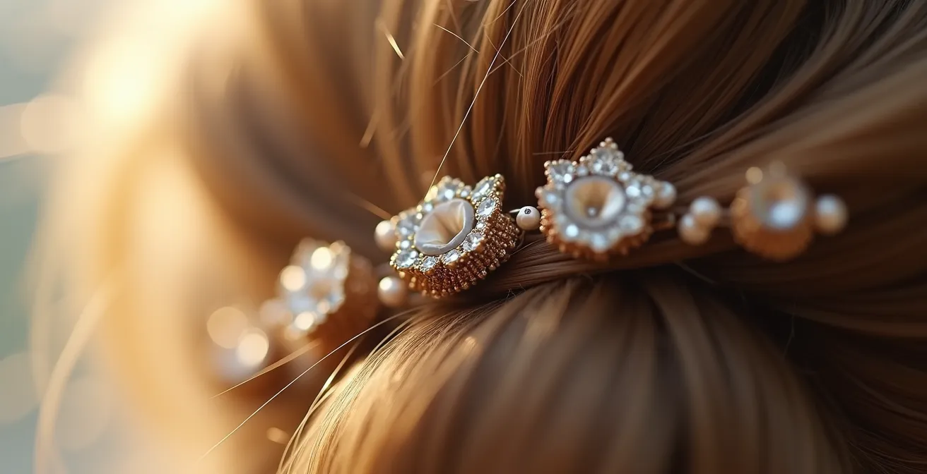 Macro détail de cheveux avec texture visible, épingles ornées, produits professionnels de fixation