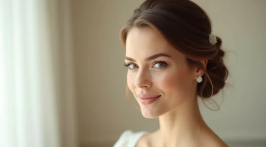 Mariée en coiffure professionnelle sophistiquée le jour de son mariage, reflets lumineux, cheveux parfaitement coiffés