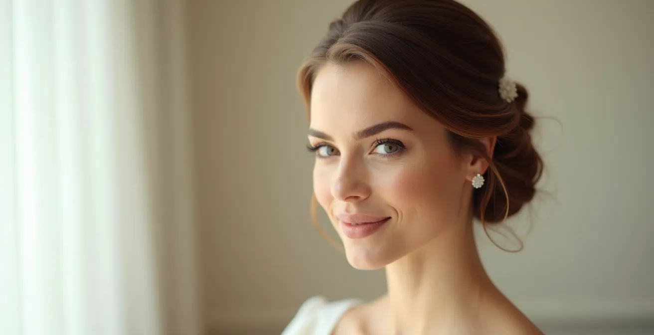 Mariée en coiffure professionnelle sophistiquée le jour de son mariage, reflets lumineux, cheveux parfaitement coiffés